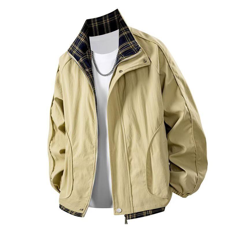Mens Plaid Stand Collar Casual Jacket Slim Fit High Grade Outerwear