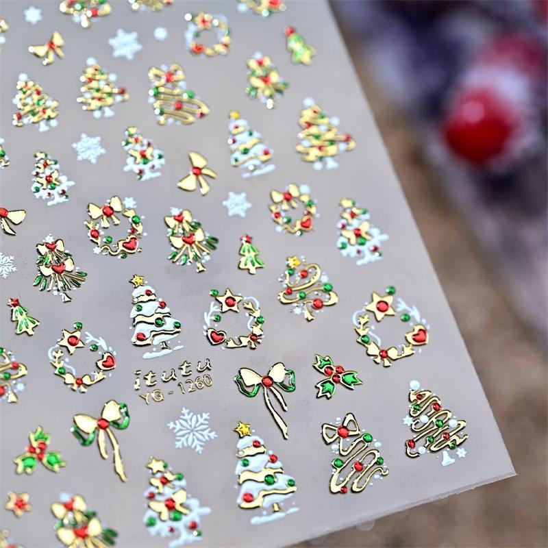 Roztomilý Vánoční Styl Barevná Světla Puntíkovaný Vánoční Stromeček Nálepky na Nehty Mašle Vánoční Tisk Reliéfní Nálepky Dekorace Nehtů