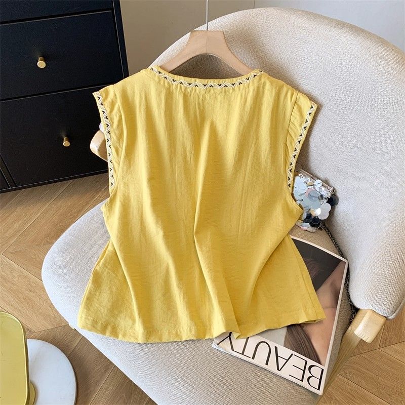 Korean Style Sleeveless Cotton Linen Vest Women Embroidered Summer Top