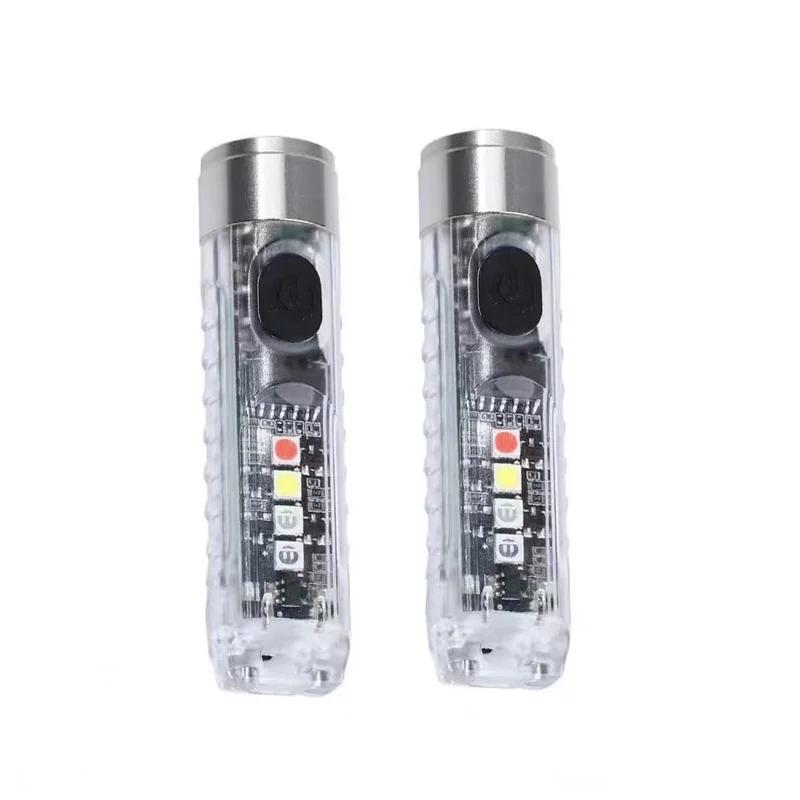 2PCS Mini Flashlight USB-C Rechargeable LED Multi-function Waterproof Keychain Flashlight Portable Waterproof Magnetic Warning Camping Torch Light