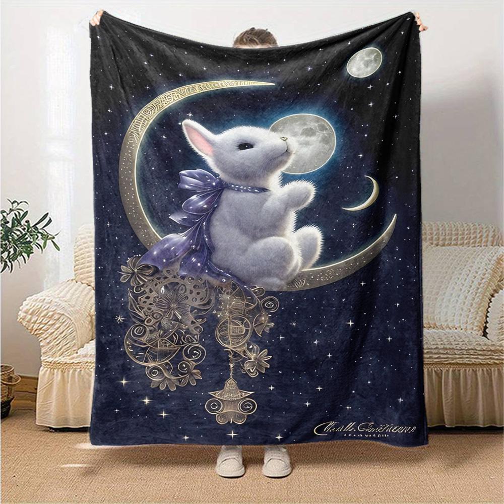 1pc rabbit moon blanket Lightweight Flannel Throw for Sofa Bed Travel Camping Livingroom Office Couch Chair