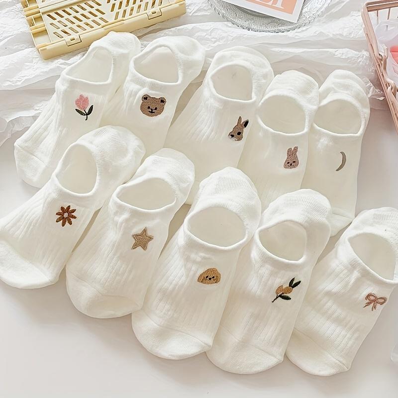 

high quality10 Pairs Women S Cute Cartoon Bear & Rabbit Low-Cut Socks - Summer Anti-Slip Short Ankle Socks, Breathable Polyester & Spandex Blend, 10 pairs of cartoon boat