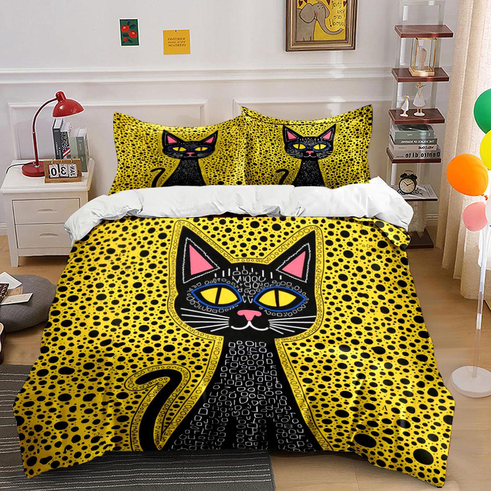 Black Dot Background Letter Black Cat Duvet Cover Set, Folk Art Kitty Bedding Includes 1 Duvet Cover And 2 Pillowcase, Gift
