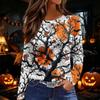 Women's Halloween Print Long Sleeve Round Neck Top with Hem Slit