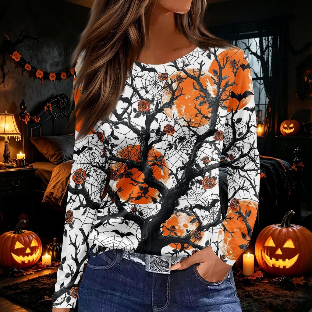 Women's Halloween Print Long Sleeve Round Neck Top with Hem Slit