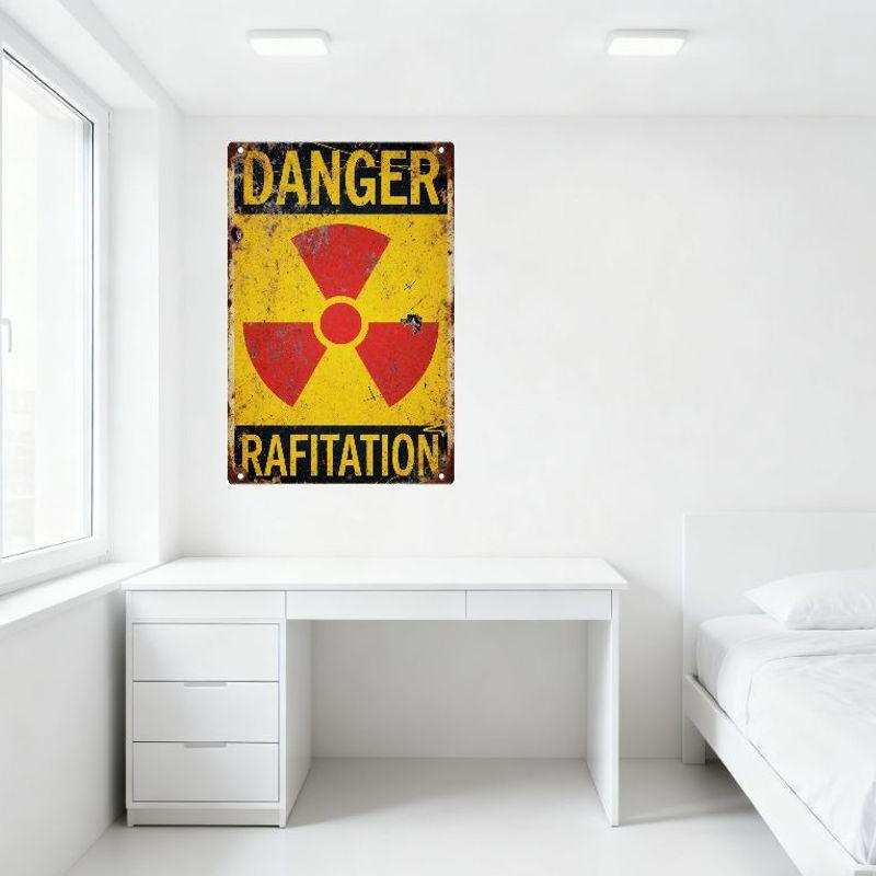 Vintage Danger Radiation Metal Tin Sign, Weathered Aged Warning Plaque with Radiation Symbol, Rusty Decor for Man Cave Bar Home