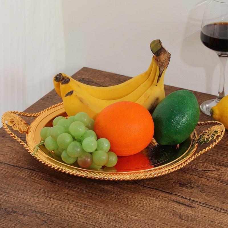 European Fruit Plate,Alloy Pearl Point Circle Shape Plate,Portable Golden Snack Disc,Candy Plate Home Wedding Decoration,26 cm