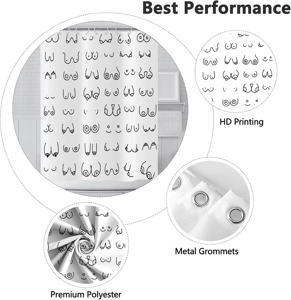 Black Shower Curtain 180x 210cm, Modern Fun Graffiti Line Washable Bathroom Decoration Textile Shower Curtain