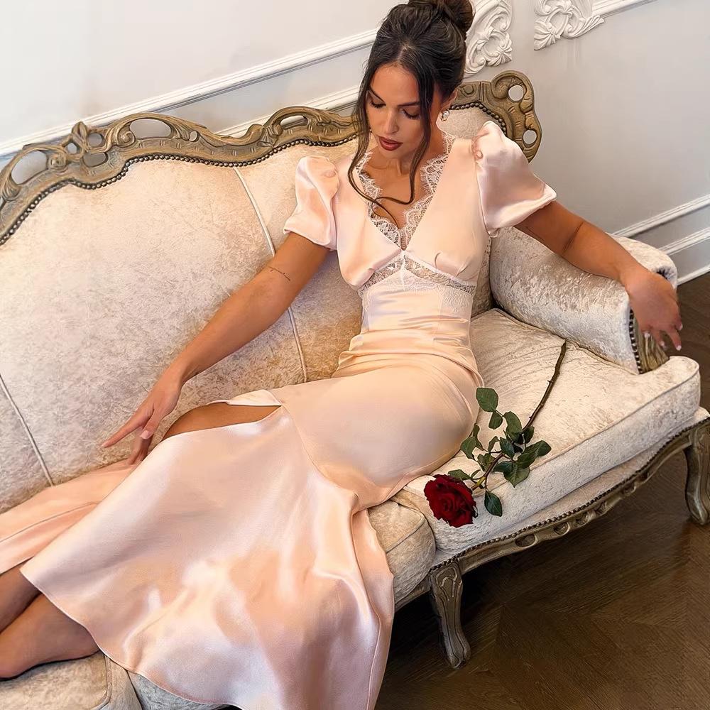 French court style, slim fit, showing figure temperament, V-neck lace splicing hip-wrapped fishtail skirt, celebrity high-end satin skirt