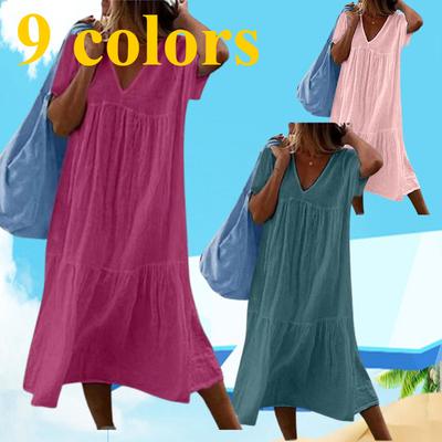 9 Colors Solid Color Cotton Linen Midi Dresses Women Fashion Casual V-neck Short Sleeves Loose Dress Simple Style Lady Dress