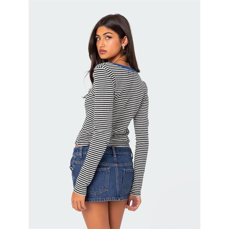 Women S Striped Color Block Knit T Shirt Slim Fit V Neck Long Sleeve