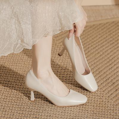 French High Heels Elegant Soft Leather Shoes Thin Heels That Don't Tire Your Feet Single Shoes with Shallow Square Toes All-match Commuter Shoes