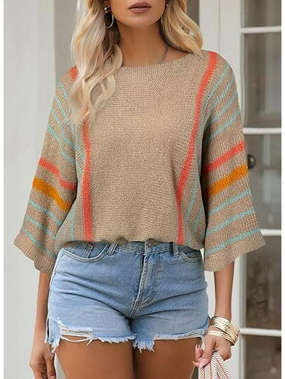 Dámský pletený pulovr s barevnými bloky a pruhy - Rukávy střední délky, Všestranná ležérní móda
