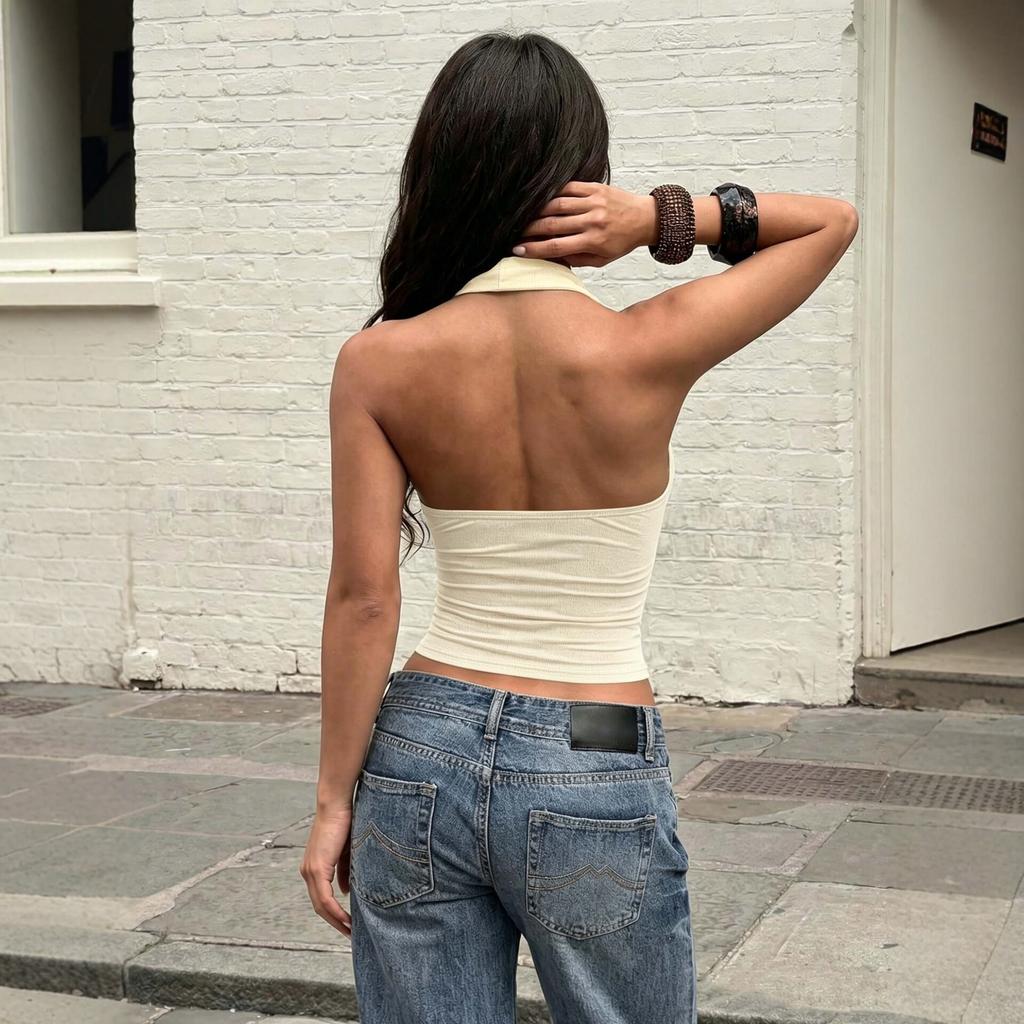 Textured Half-high Collar Halterneck Vest For Women, Waist Slimming, Backless Short Hot Girl Top