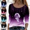 3D Rose Print Gradient Color Women Blouse Long Sleeve Broken Line Rhinestone Autumn Blouse Streetwear