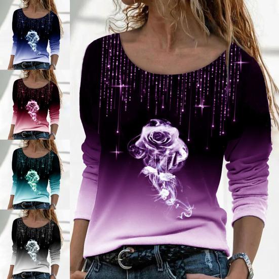 3D Rose Print Gradient Color Women Blouse Long Sleeve Broken Line Rhinestone Autumn Blouse Streetwear