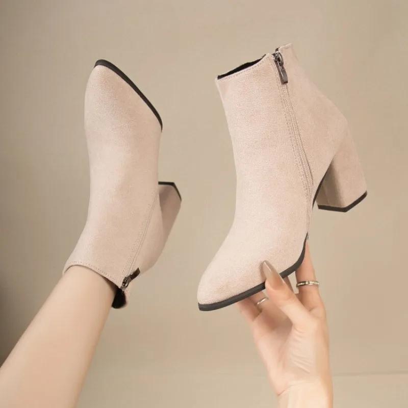 Suede short boots for women 2025 autumn and winter new item pointed toe thick heel women's high-heeled fashion boots