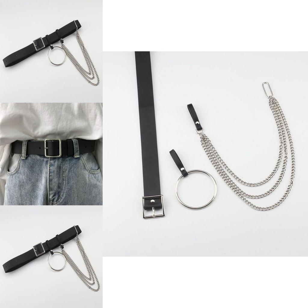 Versatile Minimalist Black Pu Buckle Belt With Chain And Ring For Adults Young