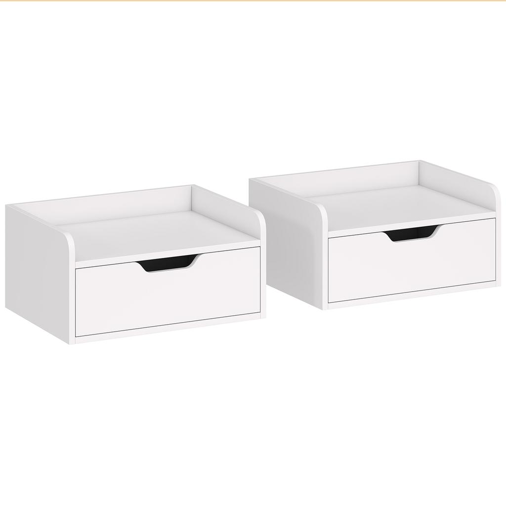 Set di 2 comodini sospesi, Tavolino da letto a parete con cassetto per camera da letto, Bianco