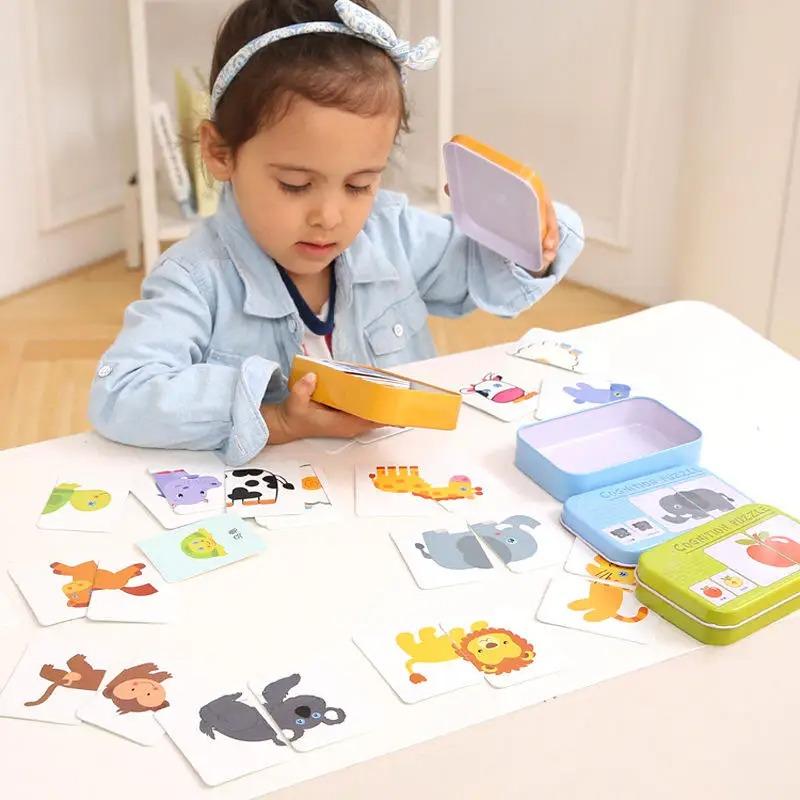 Montessori Puzzle Toy Baby Cognitive Cards Toys Cards Matching Game Kids Car Fruit Animal Life Puzzle Iron Box Learning Toy Gift