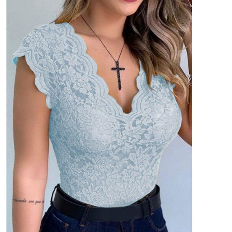 Blusas Fashion Sexy V-neck Blouses Woman 2023 Summer Slim Lace Shirt Top For Girl Solid Bottom Tops Clothes Elegant  25950