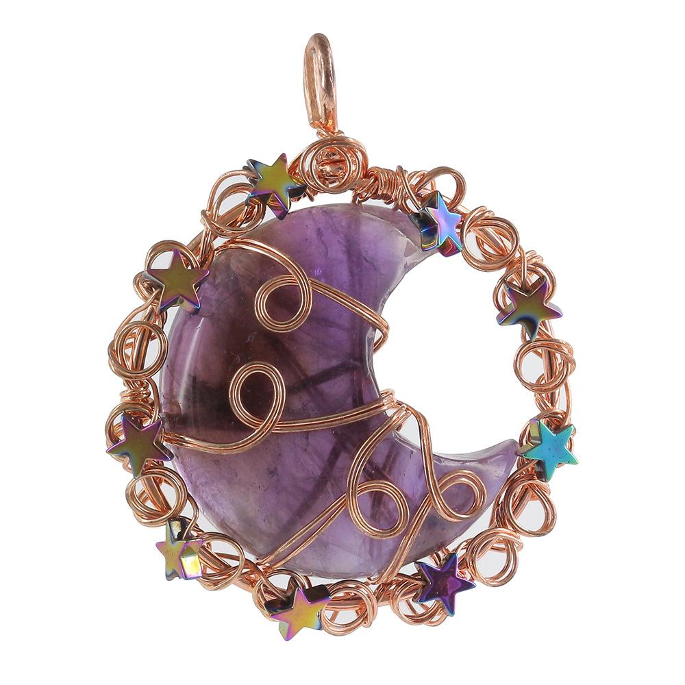 Natural crystal moon pendant, handmade copper wire wrapped gemstone jewelry A