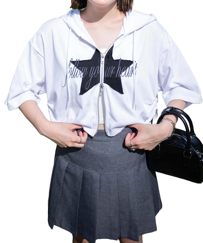 WEGO Star Logo Short Sleeve Zip Short Sleeve Summer Korean Size White Hoodie, T-Shirt, Top, Streetwear, Style, Gift, Women's, F,
