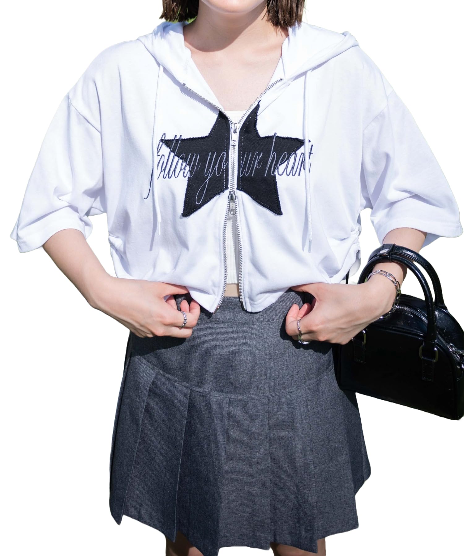 

WEGO Star Logo Short Sleeve Zip Short Sleeve Summer Korean Size White Hoodie, T-Shirt, Top, Streetwear, Style, Gift, Women s, F,