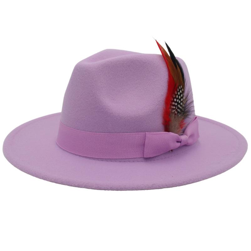 Bow Feather Top Hat Big Eave Hat Men'S And Women'S Cashmere Felt Hat Wind Hat