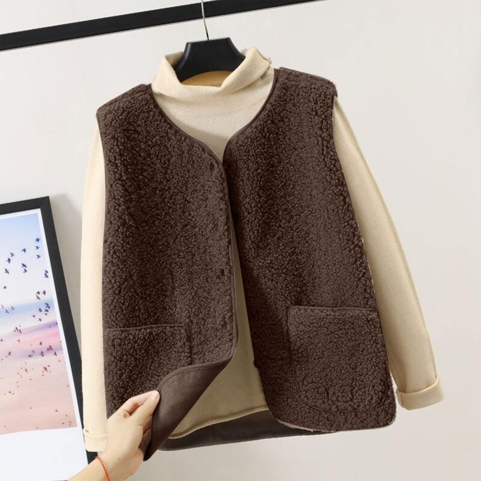 

Женский жилет, зимняя теплая верхняя одежда с капюшоном, повседневное пальто, куртка на пуговицах из искусственной кожи L кофейный