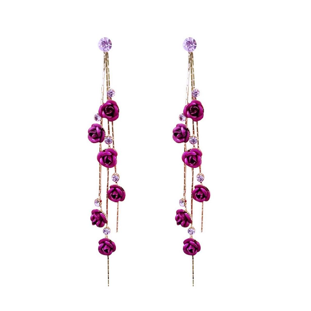 European and American purple diamond-encrusted rose flower ethnic style female simple long fringed rhinestone earrings