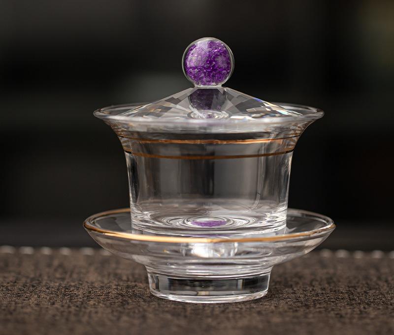 

Gold foil three cover bowl large capacity Chinese heat-resistant crystal glass turquoise thickened high-end tea bowl 101-200ml