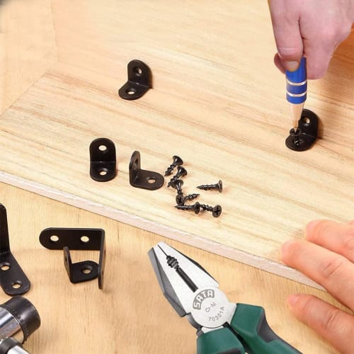 Samcos L-Shaped Stainless Steel Angle Brackets with Right-Angle Hooks, 16 Pieces, Anti-Tip Reinforcement Brackets, 32 Screws Included, Shelf Brackets