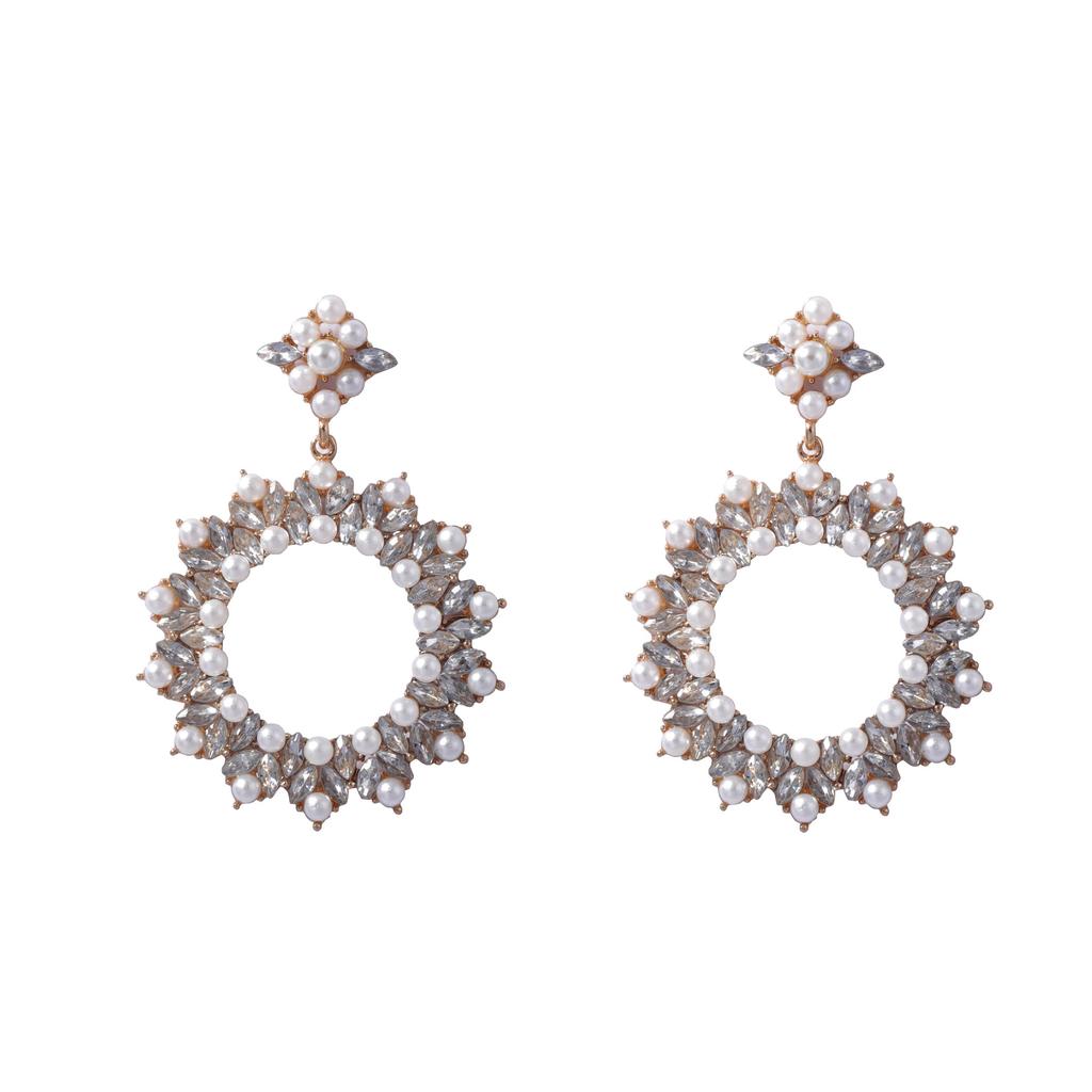 European and American Fashion Simple Bohemian Exaggerated Geometric Inlaid Glass Rhinestone Imitation Pearl Temperament Earrings Women