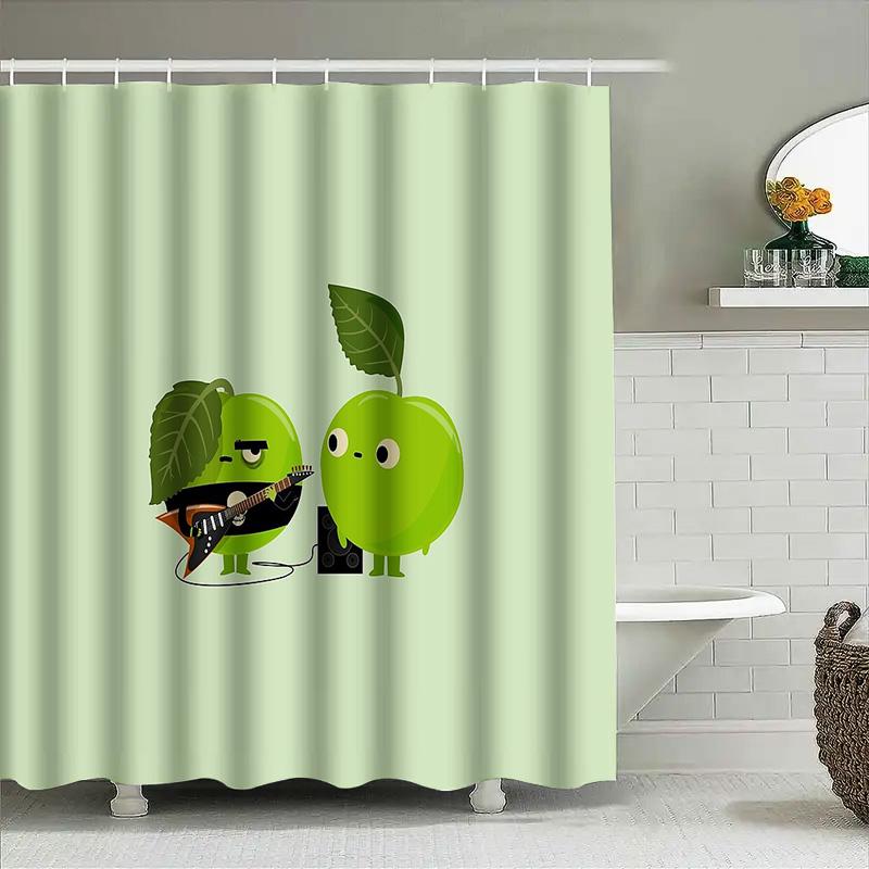 Funny Guitar Apple Shower Curtain Cute Fruit Music Lover Bathroom Decor Set Waterproof Washable Artistic Home Decor