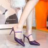 Spring and Autumn 2025 New Pointed Purple Thin Heels High Heels Women's Shallow Mouth Rhinestone One Word with Satin Half Slippers Sandals