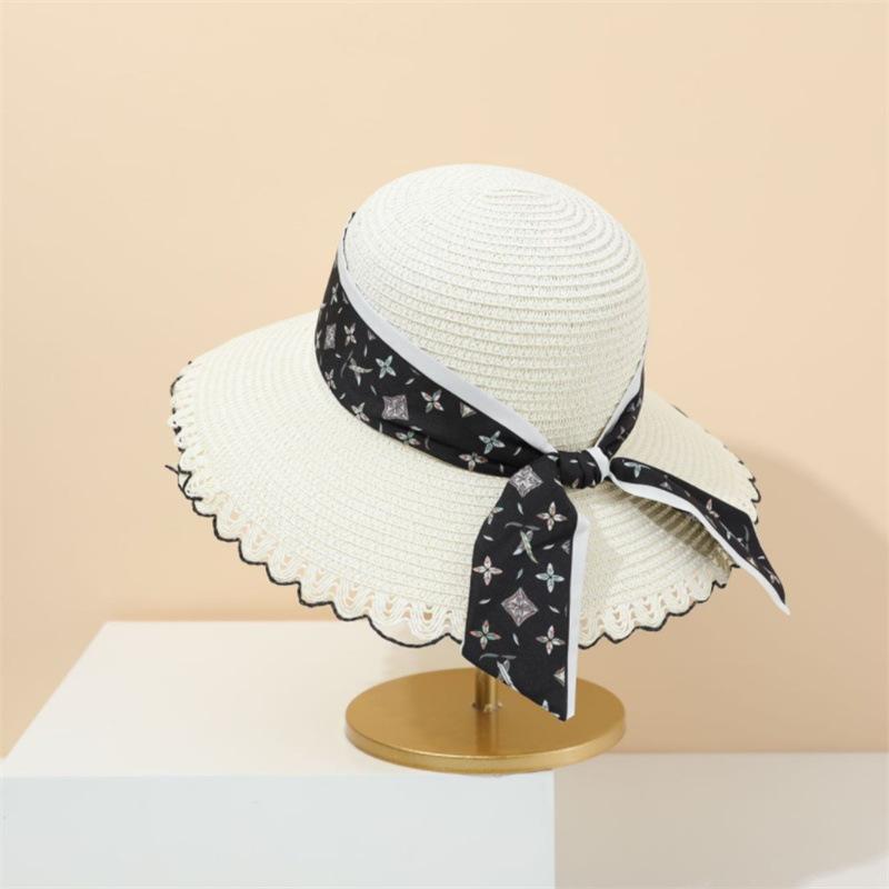 Summer Printed Ribbon Accessories Dome Straw Sun Hat Women's Seaside Vacation Fashion Fresh Sunscreen Shade Straw Hat