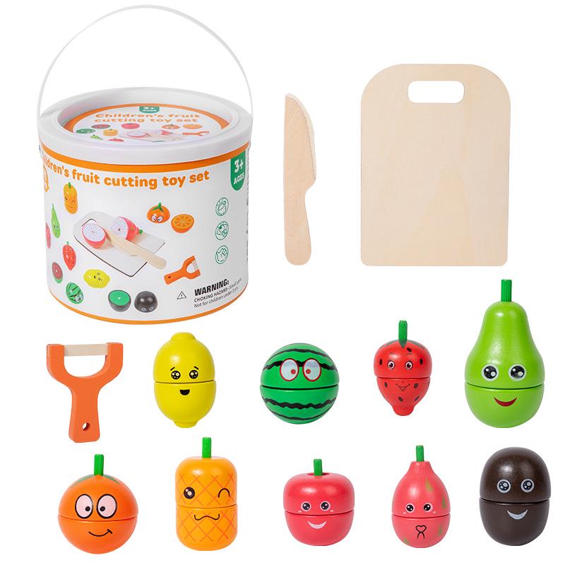 Kids' Wooden Fruit Cutting Toy Set - Educational Role-Play Kitchen Bucket