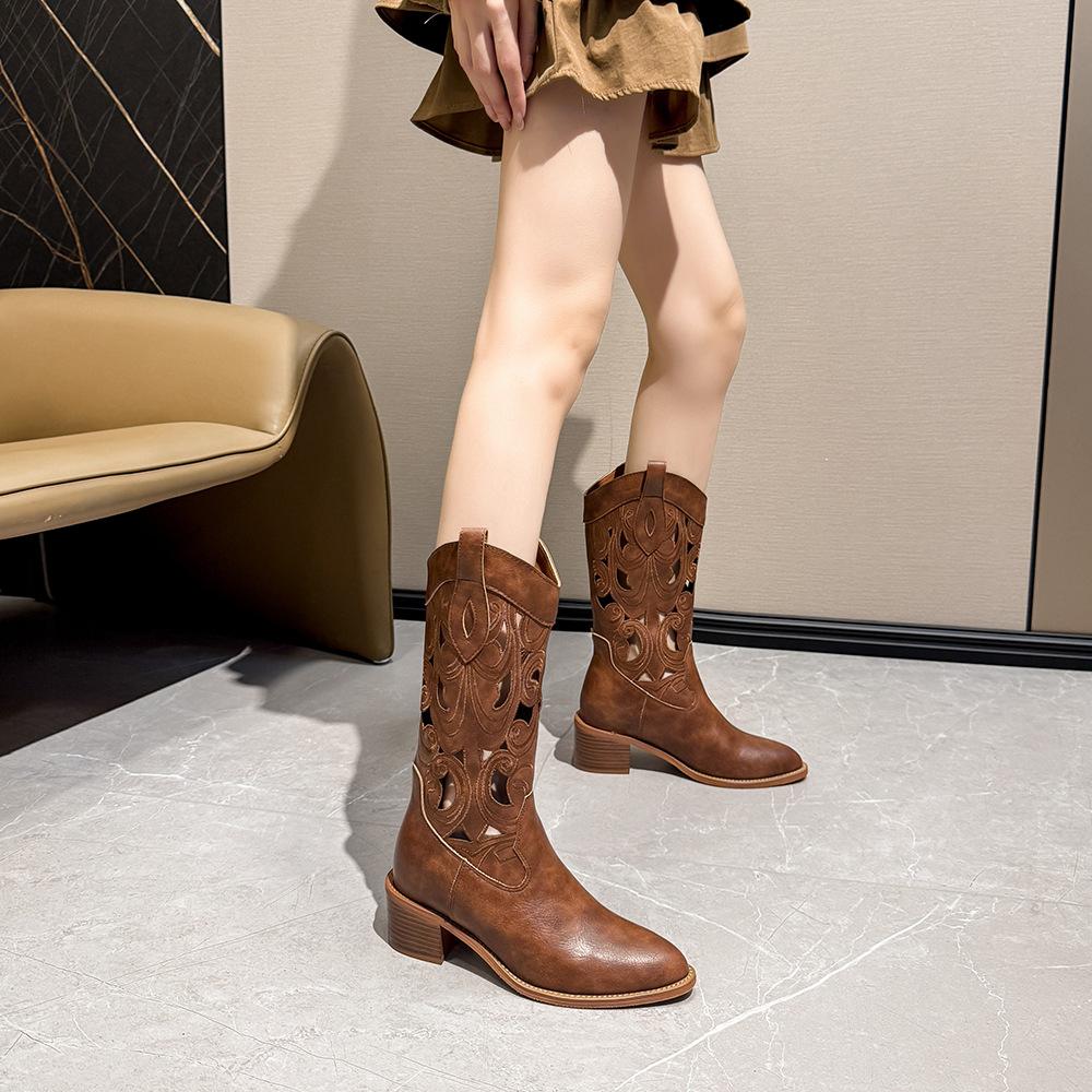 Hollow Hole High Top Boots for Women, Summer New Breathable Knight Cool Boots, Pointed, Thick Heel, Slim Chelsea Mesh