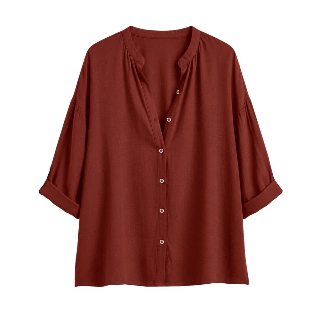 Women’s Fashion Solid Stand Collar Button Up Shirt Casual Loose Fit Top with Three Quarter Sleeves and Relaxed for Everyday Wear