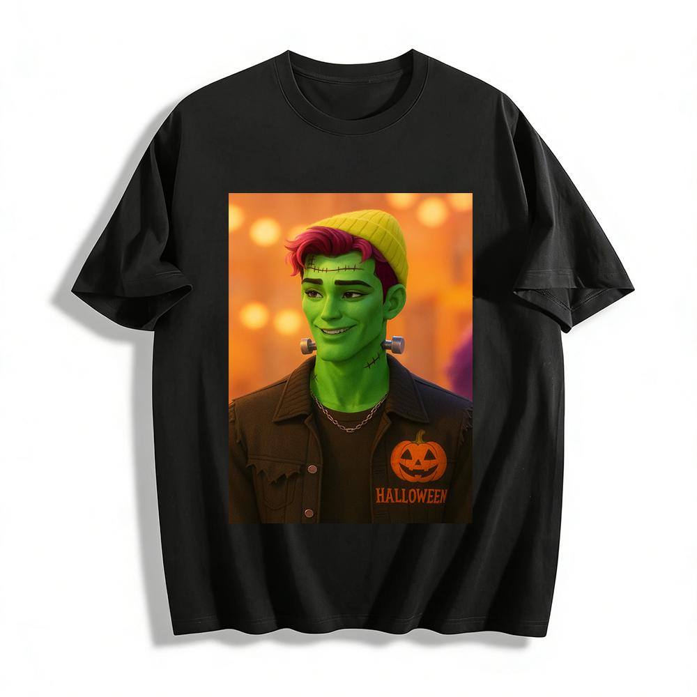 Halloween Frankenstein Print Casual Top Festive Spooky Vibe Loose Long Sleeve Jacket Pure cotton T-shirt XXS