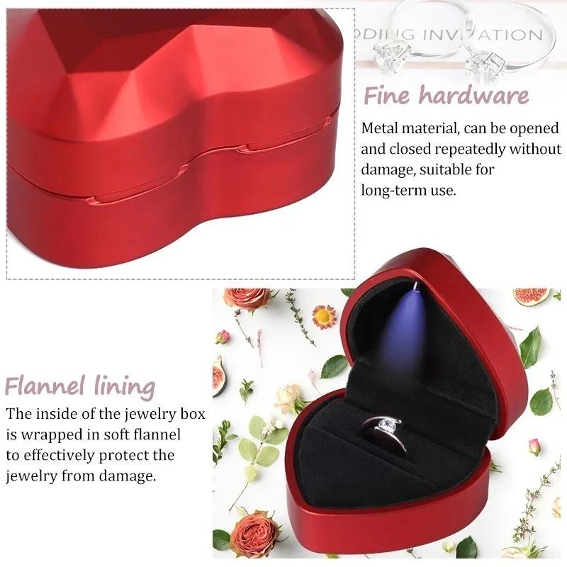 Heart LED Light Ring Box, Velvet Jewelry Display Gift Storage Case Wedding Engagement Proposal Anniversary Boxes