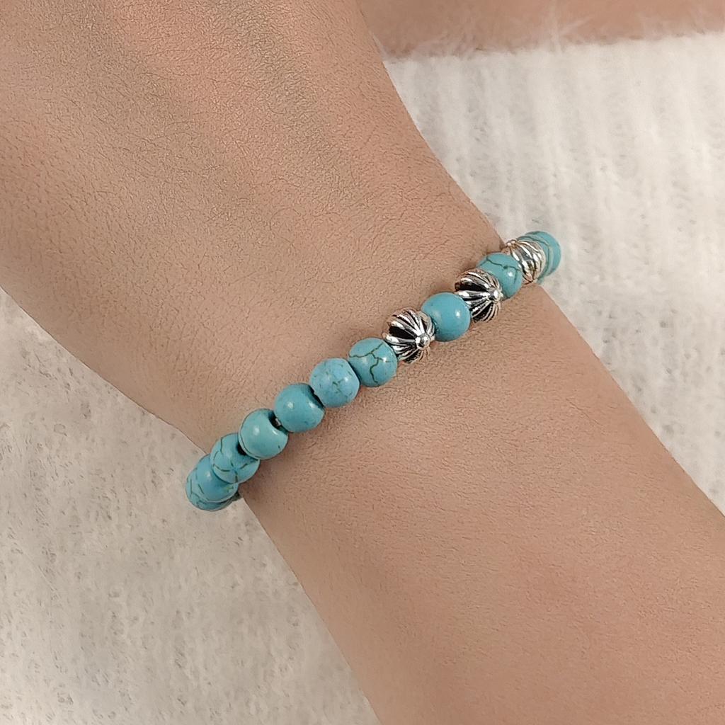 Imitation Türkis Perlen Elastisches Seil Schmuck, Retro Ethnischer Stil Bohème Mode Temperament Armband.