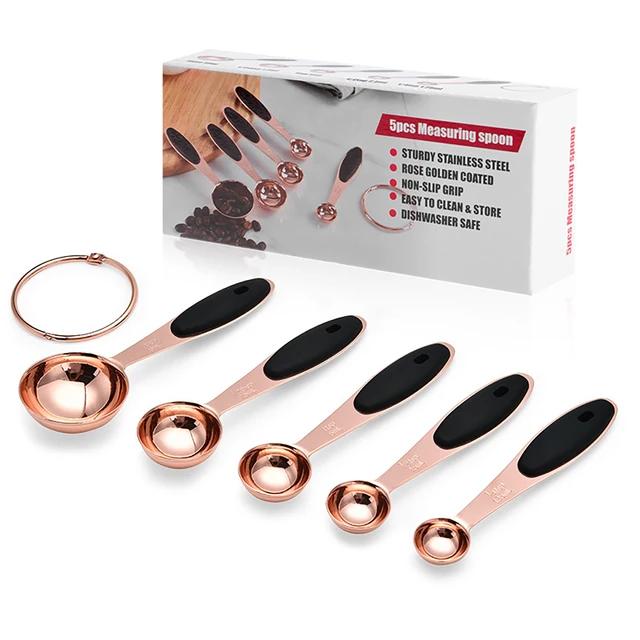 

5pcs Silicone Handle Measuring Cup Measuring Spoon Set Stainless Steel Rose Graduated Baking Measuring Cup Spoon Kitchen Gadget