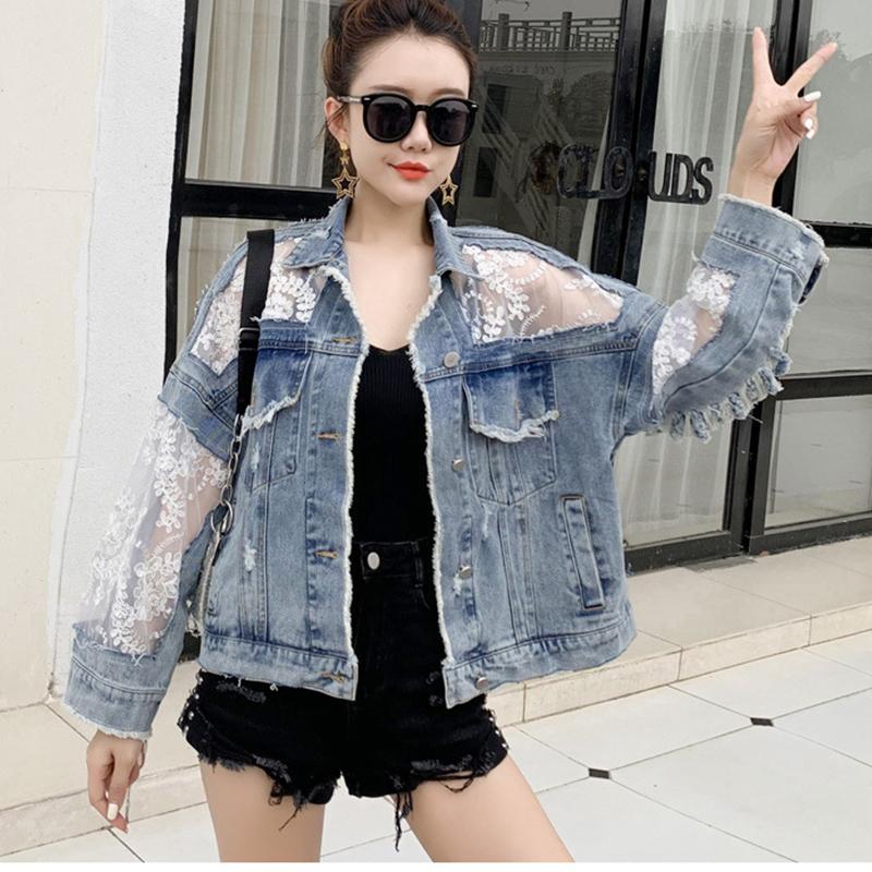 Jeans Jackets Summer Spring Autumn Long Sleeve Plus Size Women's Coat Loose Lace Patchwork Top Jacket Ladies Denim Coat