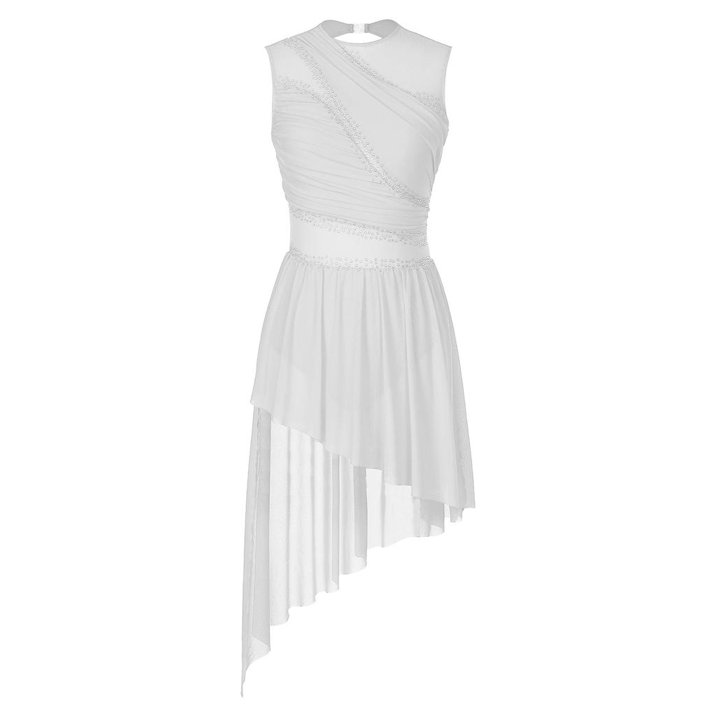 Womens Shiny Rhinestone Sheer Mesh Dress Open Back Asymmetrical Hem Sleeveless Dress Figure Skating Dance Performance