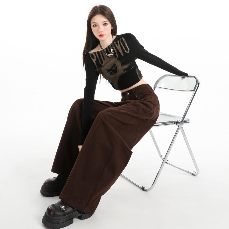 2025 Autumn Women's Retro Coffee Wide Leg Scimitar Pants - Slimming, Casual, Fashionable