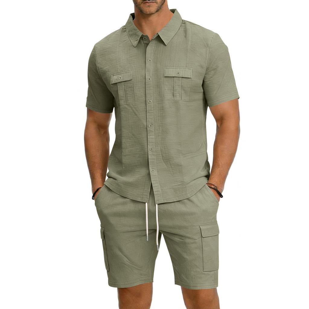 Men's Linen Solid Color Casual Holiday Shirt and Shorts Set
