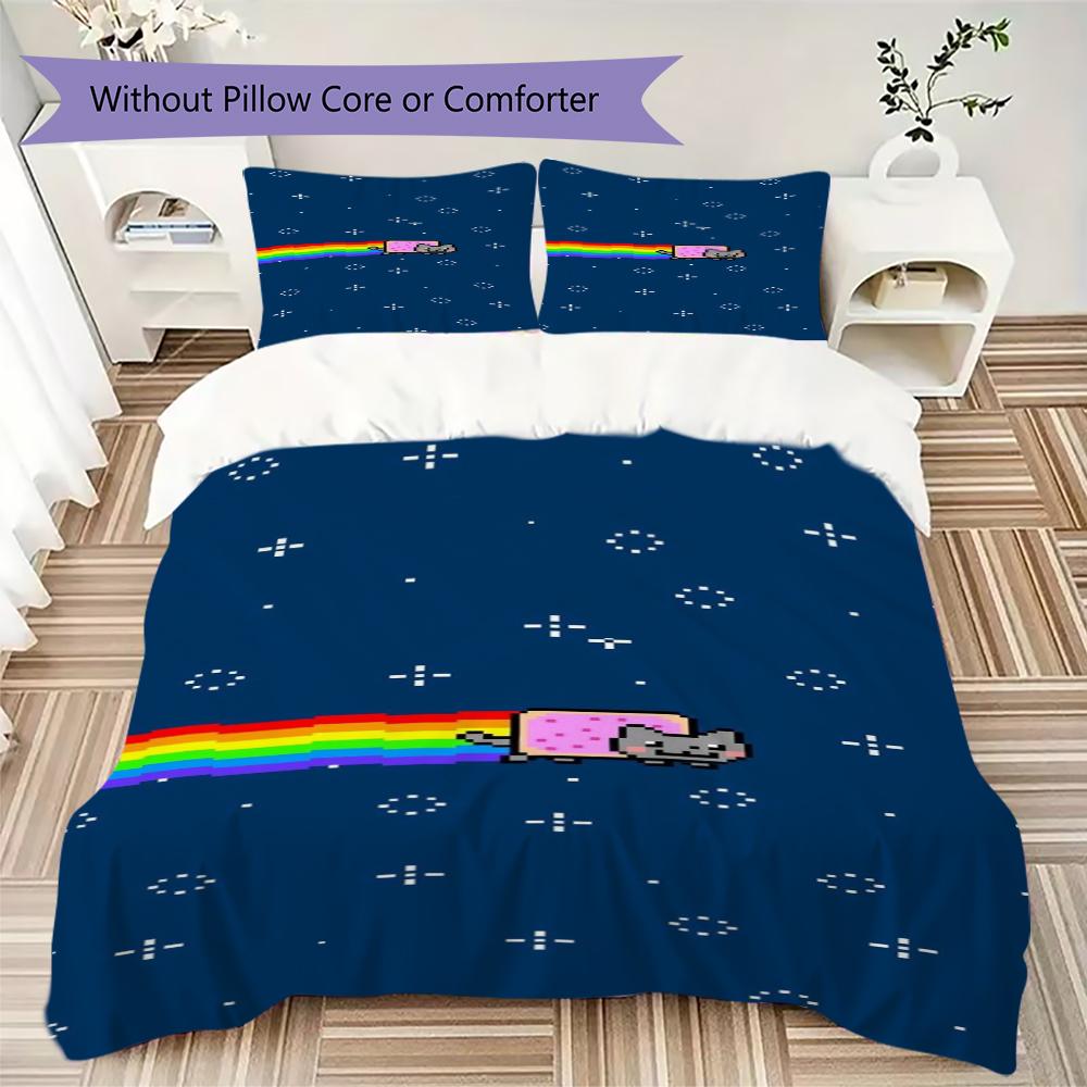 Nyan Cat Pattern Bedding Uilt Set Uilt Cover Pillowcase Home Decoration Birthday Gift (1 * Duvet Cover + 2 * Pillowcase Without Core)99