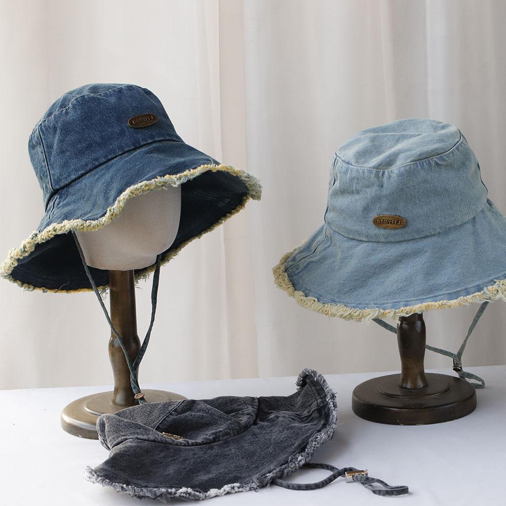 Spring New Pocket Design Denim Fisherman Hat Women Retro Big Head Circumference Sunshade Bucket Hat Basin Hat